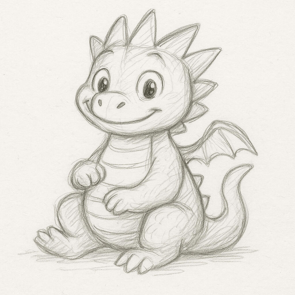 Sketch of Sprig the dragon, sitting and smiling